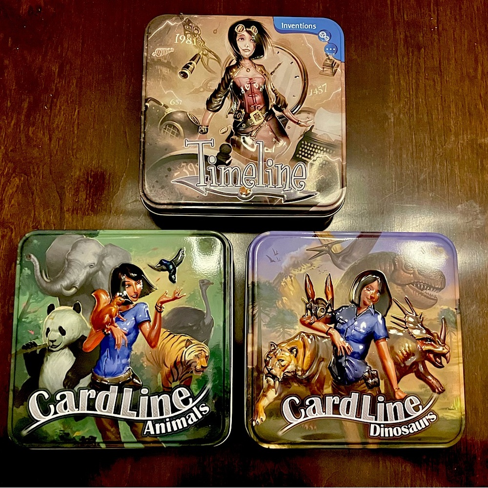 3 Cardline Timeline card game lot: Inventions, Animals, Dinosaurs